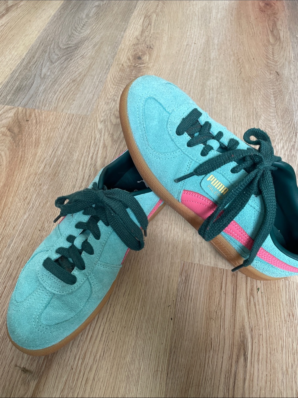 Puma Teal Suede Sneakers with Pink Stripe and Gum Sole